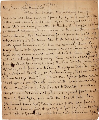 View full screen - View 1 of Lot 349. Horatio, Viscount Nelson | Autograph letter signed, to Emma Hamilton, referring to her pregnancy, 25 January 1801.