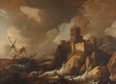 View full screen - View 1 of Lot 54. DUTCH SCHOOL, 17TH CENTURY | A SHIP IN A STORMY SEA OFF A ROCKY COAST.