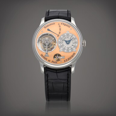View full screen - View 1 of Lot 66. Tourbillon Souverain à Remontoir d'Égalité A platinum tourbillon wristwatch with constant force remontoir, power reserve indication and brass movement Circa 2003 | F.P. Journe | Tourbillon Souverain à Remontoir d'Égalité 鉑金陀飛輪腕錶備恆動力裝置、動力儲存顯示及黃銅機芯,製作年份約 2003.
