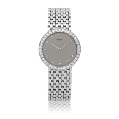 View full screen - View 1 of Lot 63. CHOPARD | PLATINUM DIAMOND-SET BRACELET WATCH, CIRCA 1980.