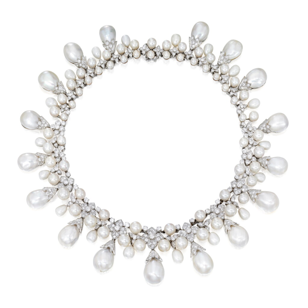 View full screen - View 1 of Lot 534. CULTURED PEARL AND DIAMOND NECKLACE, DAVID WEBB | 養殖珍珠配鑽石項鏈,David Webb.