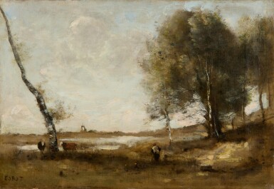 View full screen - View 1 of Lot 125. Deux vaches et leur gardien au marécage boisé.