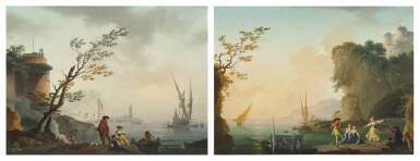 View full screen - View 1 of Lot 169. Fishermen by a Rocky coast with a tower to the left; Dancing couple near a cave.