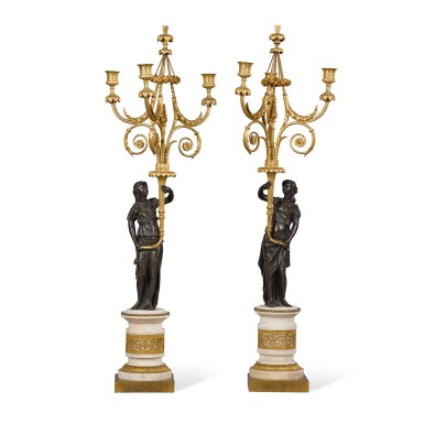 View full screen - View 1 of Lot 132. A pair of French bronze and marble three-light candelabra, late 19th century.