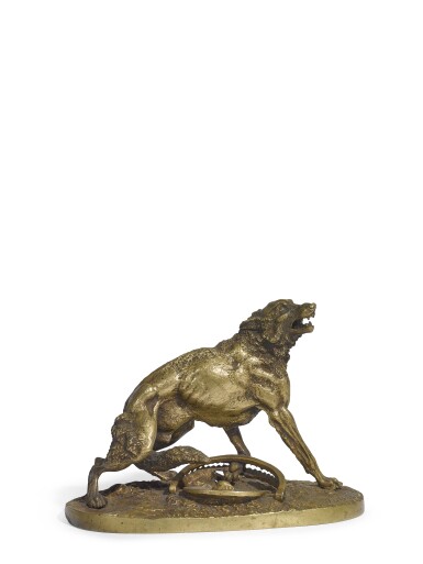 View full screen - View 1 of Lot 368. Wolf caught in a trap: a small gilt-bronze figure, after the model by Nikolai Ivanovich Lieberich (1828-1883), cast by Woerffel Foundry, St Petersburg.