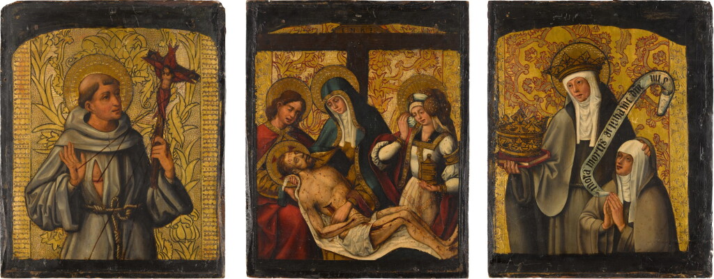 View full screen - View 1 of Lot 2. ANTONIO VÁZQUEZ | THREE PREDELLA PANELS: SAINT FRANCIS OF ASSISI; THE LAMENTATION; SAINT ELIZABETH OF HUNGARY WITH A DONOR.