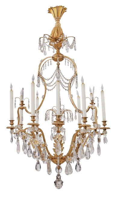View full screen - View 1 of Lot 290. A LOUIS XV STYLE GILT BRONZE, GILT METAL, AND ROCK CRYSTAL NINE-LIGHT CHANDELIER, LATE 19TH CENTURY .