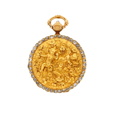 View full screen - View 1 of Lot 180. A lady's gold and diamond-set cylinder watch, the case chased in high relief Circa 1860.