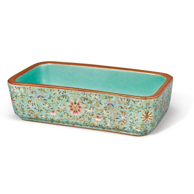 View full screen - View 1 of Lot 538. A FAMILLE-ROSE AND GILT-DECORATED TURQUOISE-GROUND 'LOTUS' JARDINIERE, QIANLONG SEAL MARK AND PERIOD.