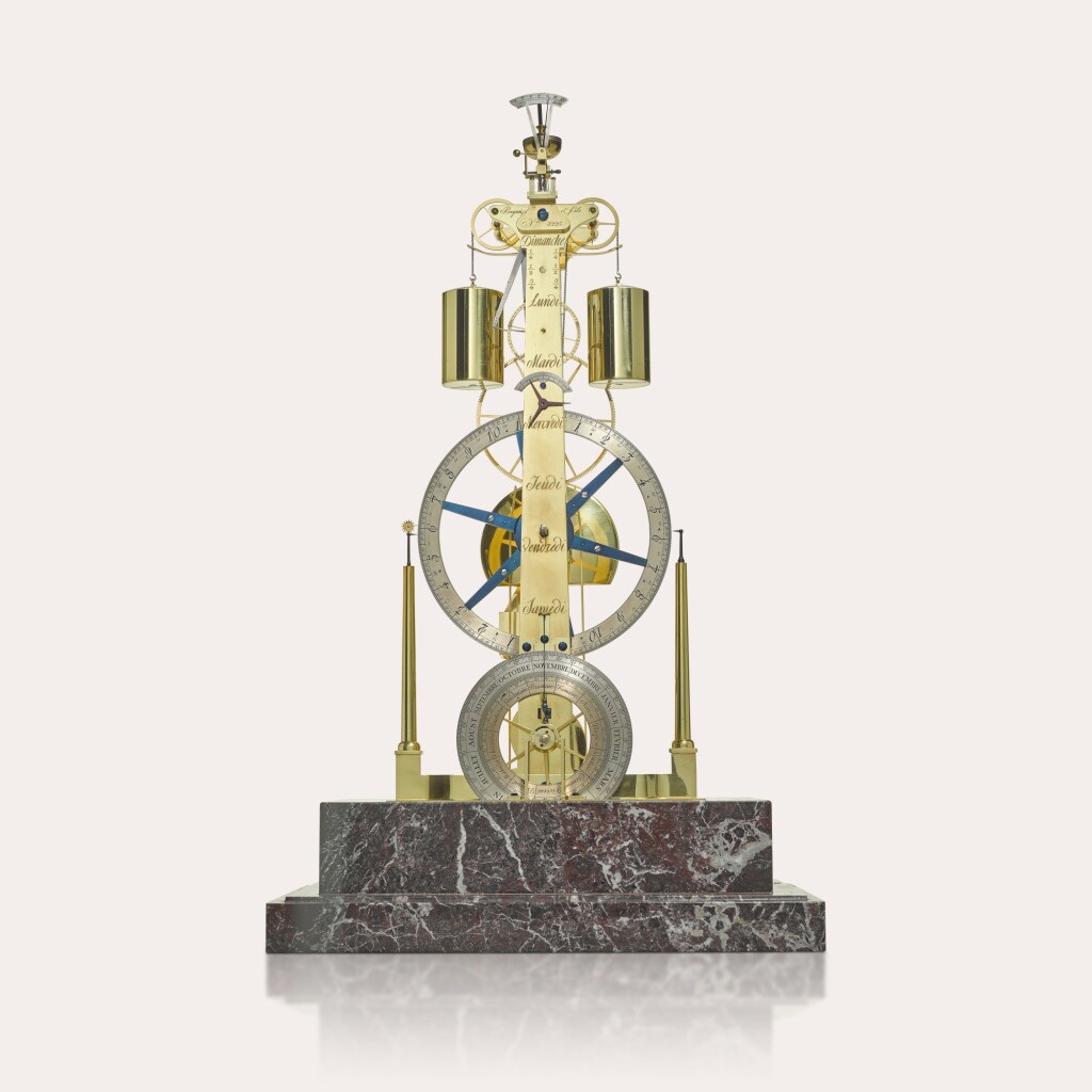 View full screen - View 1 of Lot 59. A weight-driven pendule à trois roues skeleton timepiece with equation, Gregorian & French Revolutionary annual calendar and days of the week.