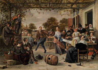 View full screen - View 1 of Lot 21. ‘The Dancing Couple’: a terrace with a couple dancing to a pipe and fiddle, peasants eating and merrymaking behind |《雙雙起舞:露台上隨管弦樂跳舞的男女與吃喝玩樂的農民》.