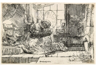 View full screen - View 1 of Lot 60. REMBRANDT HARMENSZ. VAN RIJN | THE VIRGIN AND CHILD WITH THE CAT AND THE SNAKE (B., HOLL. 63; NEW HOLL. 278; H. 275).