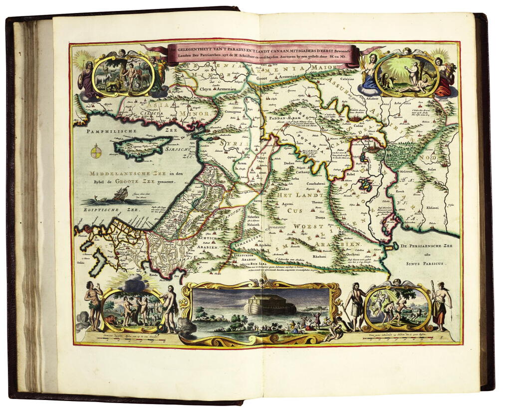 View full screen - View 1 of Lot 146. Bible, Dutch, Dordrecht, 1686, illuminated and coloured, near-contemporary red morocco gilt.