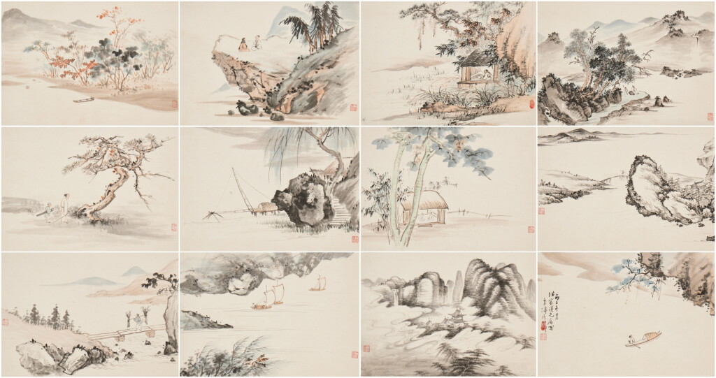 View full screen - View 1 of Lot 69. Wang Xuetao, Landscapes, ink and color on paper, album of twelve leaves.