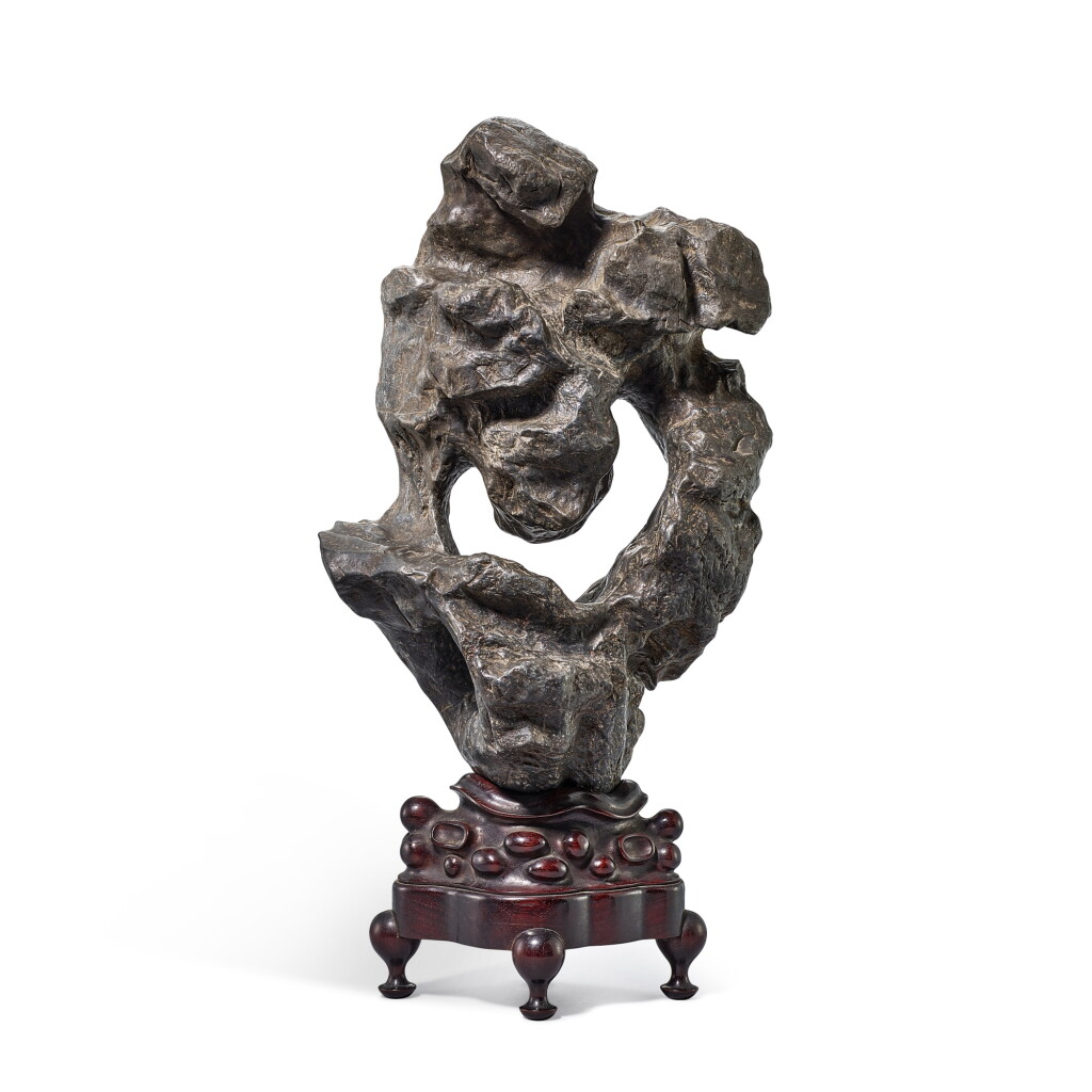 View full screen - View 1 of Lot 3751. A large inscribed scholar's rock, Possibly Song - Yuan dynasty | 或宋至元 供石 《元祐二年耆抄》、《襄陽米芾題》款、「阮氏珍藏金石」印.