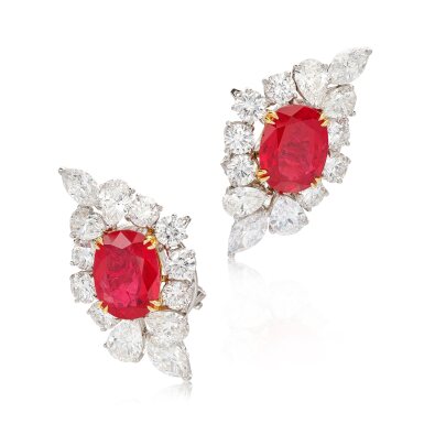 View full screen - View 1 of Lot 545. Pair of Ruby and Diamond Ear Clips | 紅寶石 配 鑽石 耳夾一對.