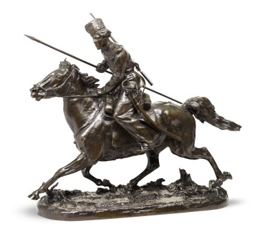 View full screen - View 1 of Lot 246. CHARGING COSSACK: A BRONZE FIGURAL GROUP, CAST BY CHOPIN AFTER THE MODEL BY EVGENI LANCERAY (1848-1886).