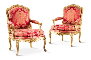 View full screen - View 1 of Lot 366. A pair of Louis XV giltwood armchairs, circa 1750, by Jean-Baptiste Tilliard | Paire de fauteuils en bois doré d'époque Louis XV, vers 1750, par Jean-Baptiste Tilliard.