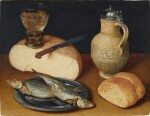 Still life with a roemer and a knife atop a cut wheel of cheese, a stoneware Siegburg jug, a bread roll and two crossed herrings on a pewter plate, all upon a wooden tabletop