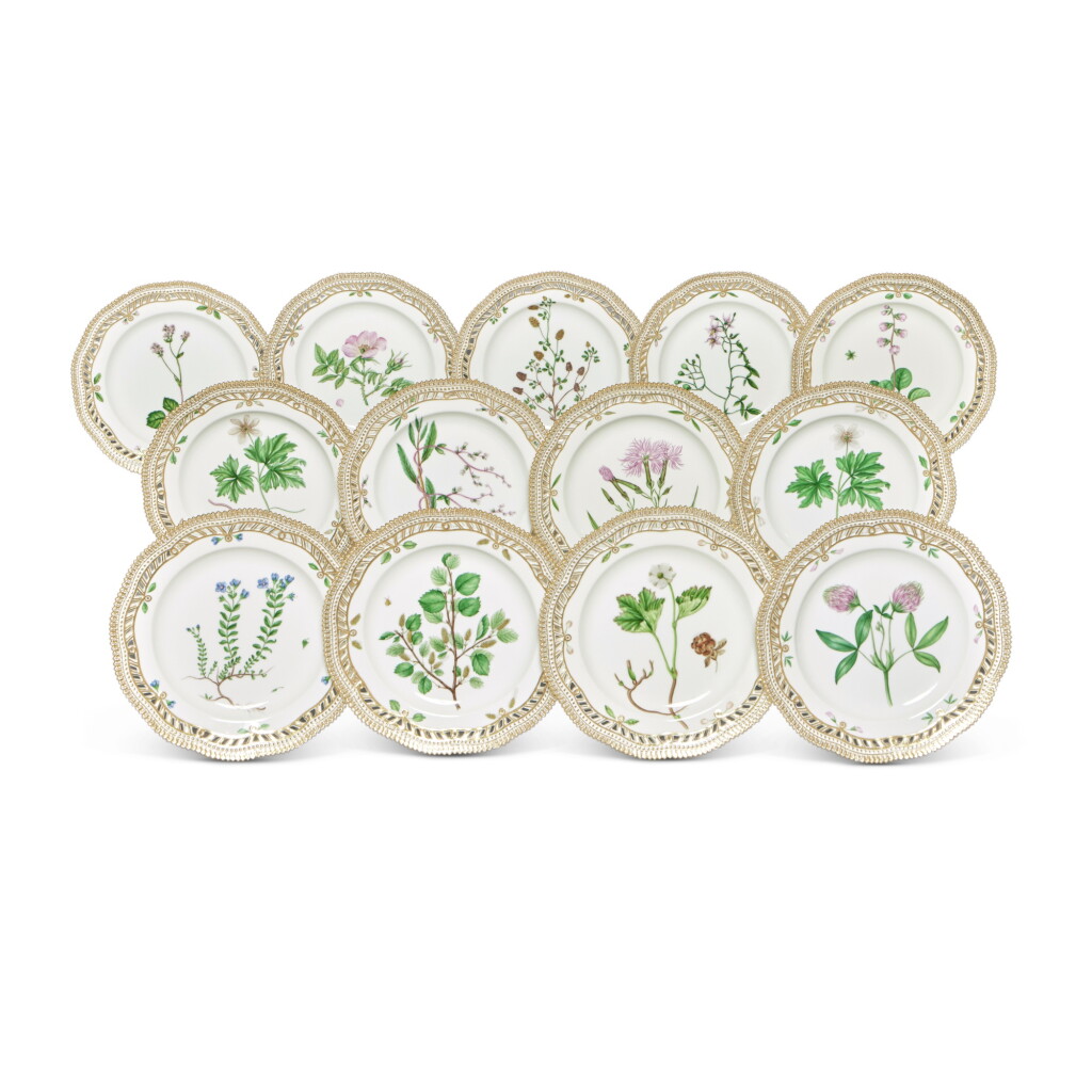 View full screen - View 1 of Lot 1172. Thirteen Royal Copenhagen 'Flora Danica' Reticulated Dessert Plates, Modern.
