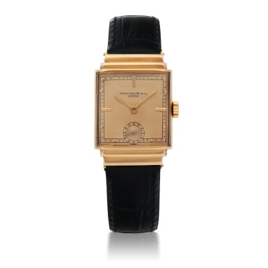 View full screen - View 1 of Lot 910. REF 1437 PINK GOLD WRISTWATCH WITH FANCY STEPPED LUGS MADE IN 1941.