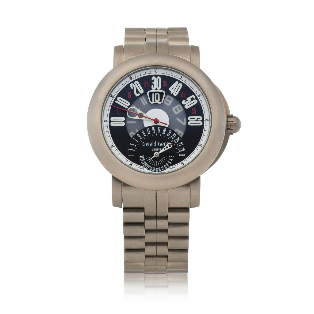 View full screen - View 1 of Lot 439. Arena BiRetro, Ref. BSP.Y.80 Titanium jumping hour wristwatch with retrograde minutes, date and bracelet Circa 2009 | Gérald Genta BSP.Y.80型號「Arena BiRetro」鈦金屬跳時鍊帶腕錶備分鐘逆跳及日期顯示,年份約2009.