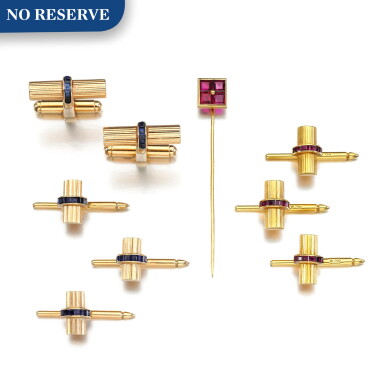 View full screen - View 1 of Lot 174. Tiffany & Co | Sapphire dress set || Van Cleef & Arpels | Ruby dress studs and ruby stick pin.