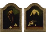 BARTHOLOMÄUS BRUYN THE YOUNGER | A DIPTYCH: PORTRAIT OF A GENTLEMAN, AGED 44, BEHIND A WOODEN LEDGE, WEARING A FUR-TRIMMED BLACK COAT, HOLDING HIS GLOVES AND A LETTER; AND PORTRAIT OF A WOMAN, AGED 42, BEHIND A WOODEN LEDGE, IN FUR-TRIMMED BLACK DRESS WITH PEARL-STUDDED BELT, HOLDING A BOOK