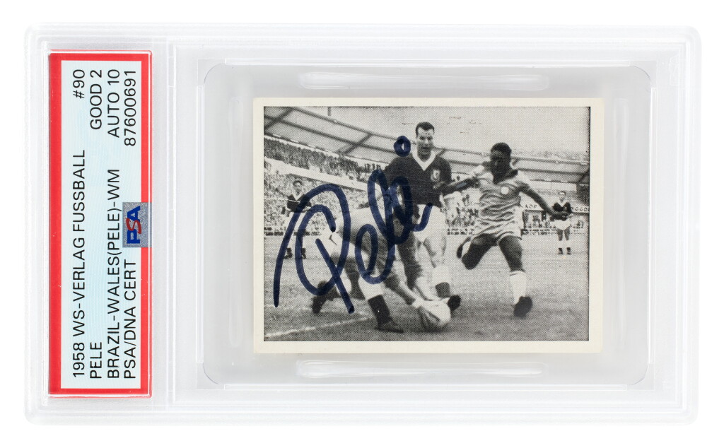 View full screen - View 1 of Lot 34. Pelé 1958 WS-Verlag Fussball Brazil v. Wales #90 - PSA 2, Auto 10 | On-Card Autograph.