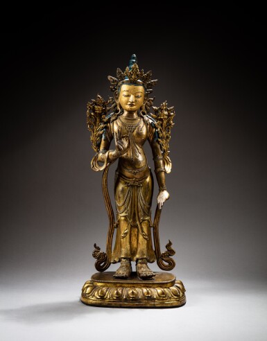 View full screen - View 1 of Lot 31. A large gilt-bronze standing figure of Maitreya, Qing dynasty, 18th century | 清十八世紀 鎏金銅彌勒佛立像.