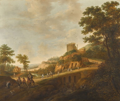 View full screen - View 1 of Lot 64. Wooded landscape with a huntsman and travellers on a path, ruins beyond.