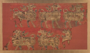 View full screen - View 1 of Lot 125. A silk samite fragment with winged bulls, Central Asia, Sogdiana, 7th/8th century.