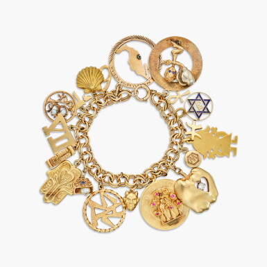 View full screen - View 1 of Lot 48. Gold, Colored Stone and Cultured Pearl Charm Bracelet K金 配 寶石 及 養殖珍珠 手鏈.