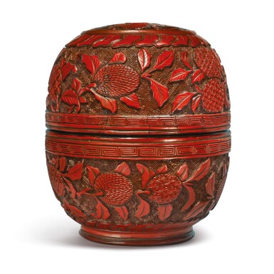 View full screen - View 1 of Lot 631. A CARVED CINNABAR LACQUER 'LYCHEE' BOX AND COVER, MING DYNASTY, 16TH CENTURY.