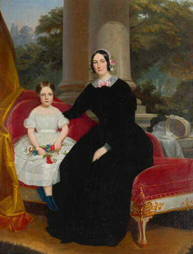 View full screen - View 1 of Lot 112. Portrait of a mother and her daughter, full-length, seated on a chaise longue.