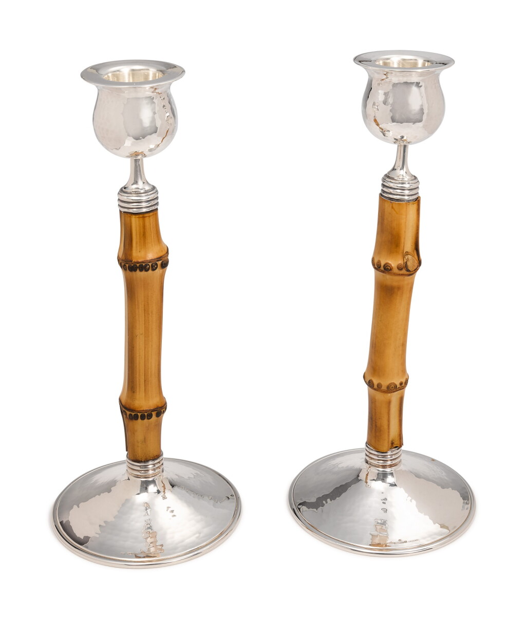 View full screen - View 1 of Lot 317. A PAIR OF ITALIAN SILVER AND BAMBOO TAHITI PATTERN CANDLESTICKS, BUCCELLATI, MILAN, 20TH CENTURY.
