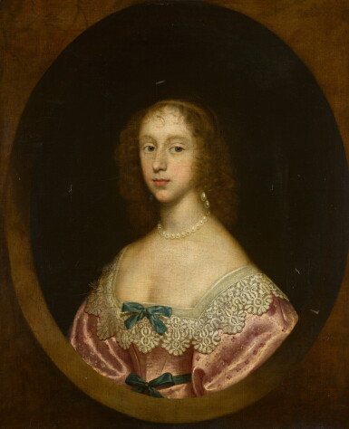 View full screen - View 1 of Lot 36. Portrait of a lady, half-length, wearing a pink dress with green bows and a lace collar.