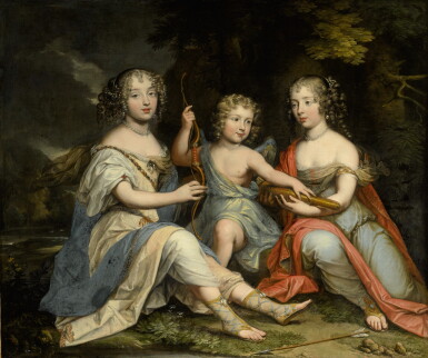 View full screen - View 1 of Lot 211. LOUIS FERDINAND ELLE | PORTRAIT OF THREE CHILDREN IN A LANDSCAPE, THE BOY AS CUPID.