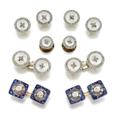 View full screen - View 1 of Lot 227. Mother of pearl and diamond dress set and a pair of sapphire and diamond cufflinks, early 20th century.