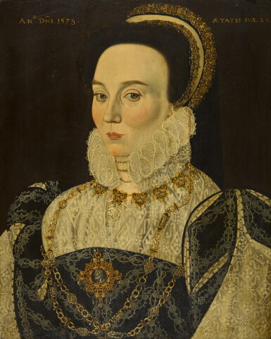 View full screen - View 1 of Lot 34. Portrait of a lady, half-length, wearing an embroidered lace chemise with a dark overdress, a jewelled cap and fine golden pearl chain and pendant containing a cameo.