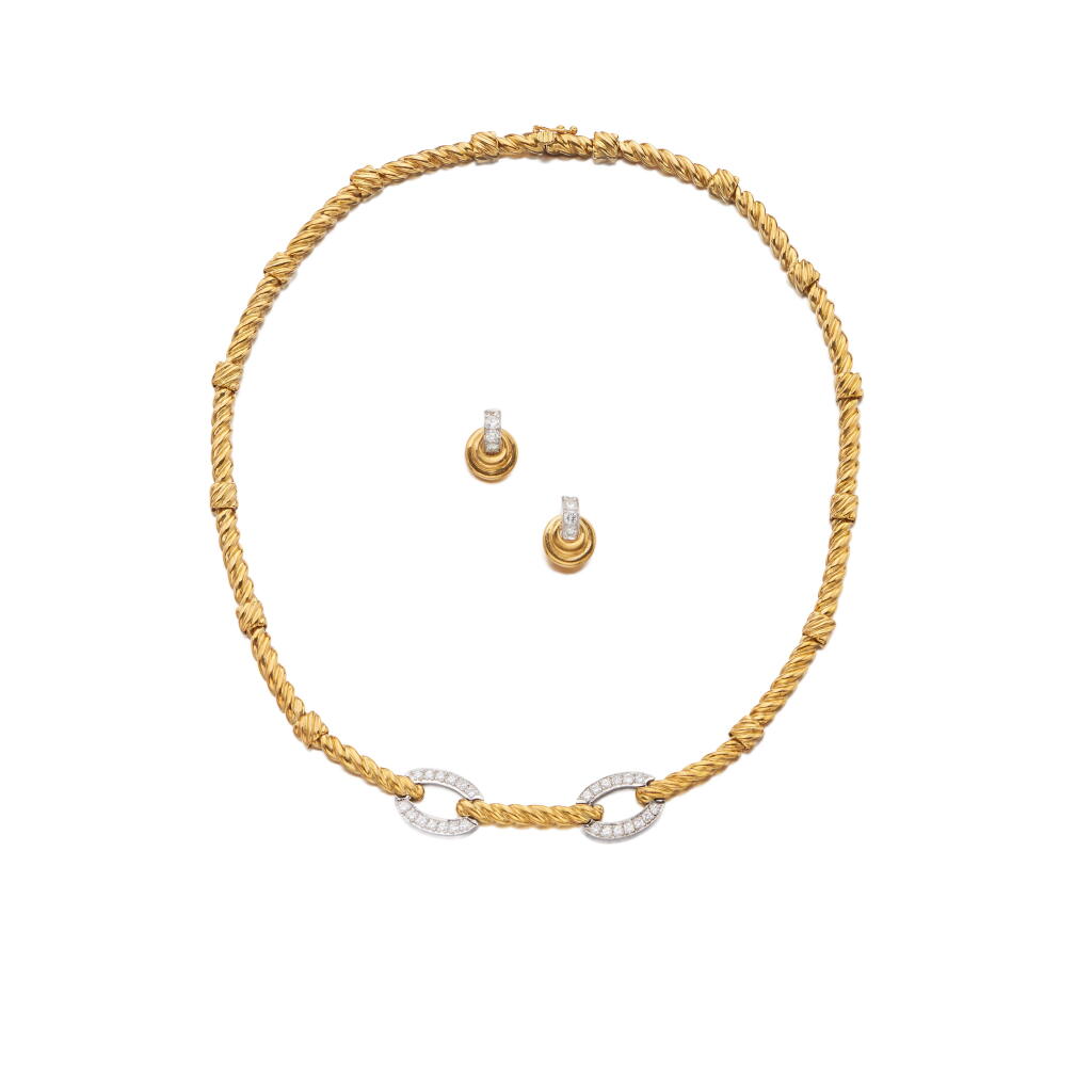 View full screen - View 1 of Lot 191. Gold and Diamond Necklace and Pair of Earrings.