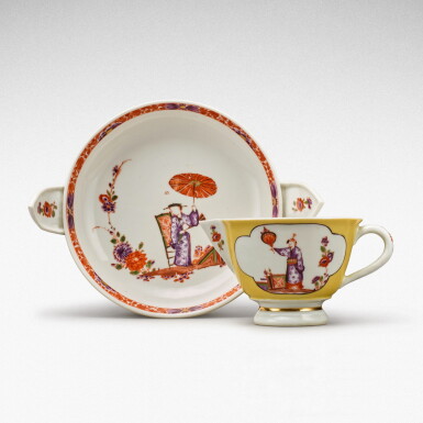 View full screen - View 1 of Lot 101. A Meissen yellow-ground pouring cup and two-handled stand, Circa 1730-35.