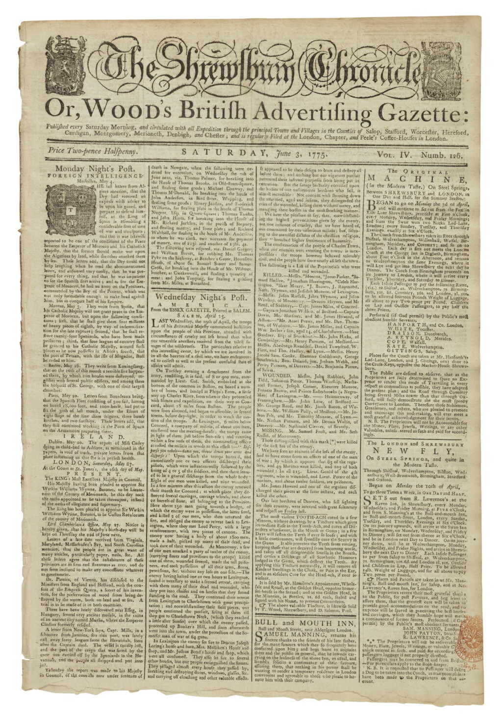 View full screen - View 1 of Lot 61. (LEXINGTON AND CONCORD) | Lexington and Concord reported in an English newspaper, The Shrewsbury Chronicle or, Wood's British Advertising Gazette. Vol. IV, No. 126. Shrewsbury: Printed by T. Wood, Saturday, June 3, 1775.