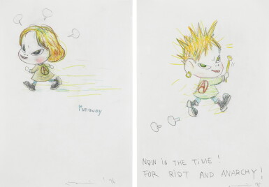 View full screen - View 1 of Lot 340. Yoshitomo Nara 奈良美智 | Runway & Now is the Time! 跑道及現在正是時候(兩幅作品).