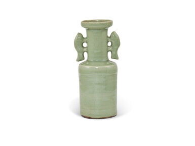 View full screen - View 1 of Lot 5060. A Lonqguan celadon 'twin fish' mallet vase Song dynasty 宋 龍泉青釉雙魚耳盤口瓶.
