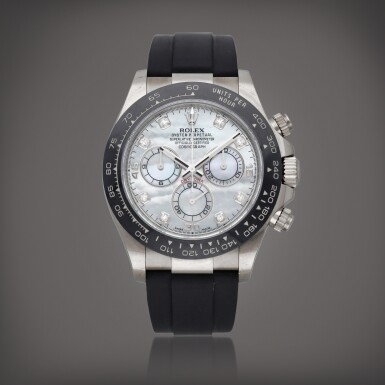View full screen - View 1 of Lot 40. Daytona, Reference 116519LN A white gold chronograph wristwatch with mother-of-pearl diamond-set dial Circa 2021 | 勞力士 | Daytona 型號 116519LN 白金計時腕錶,配珠母貝鑲鑽石錶盤,製作年份約 2021.