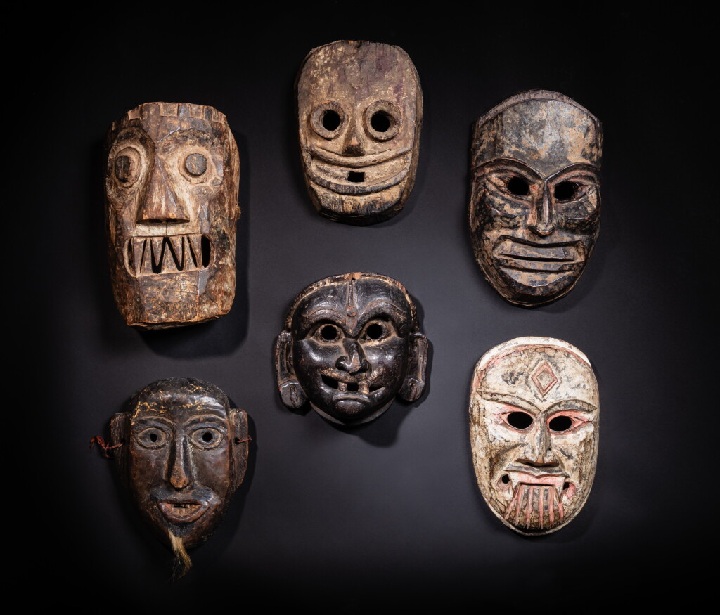 View full screen - View 1 of Lot 358. A group of six wood masks, Nepal, 19th century.