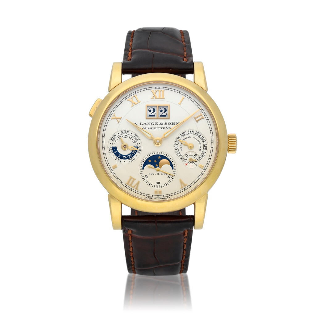 View full screen - View 1 of Lot 19. Langematik Perpetual, Reference 310.021 Yellow gold perpetual calendar wristwatch with moon phases, leap year, 24- hour indication and digital date display Circa 2004.