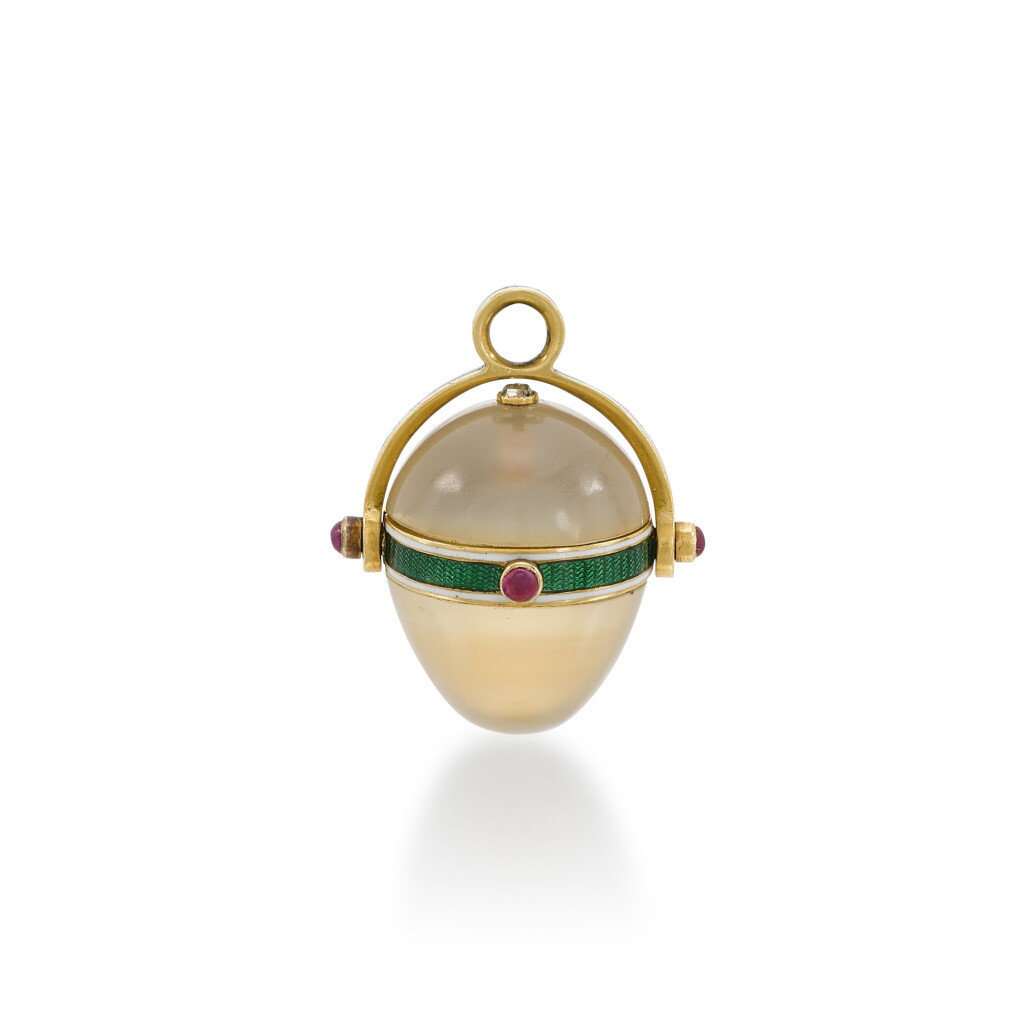 View full screen - View 1 of Lot 94. Enamel and Chalcedony Egg Pendant, 1910.