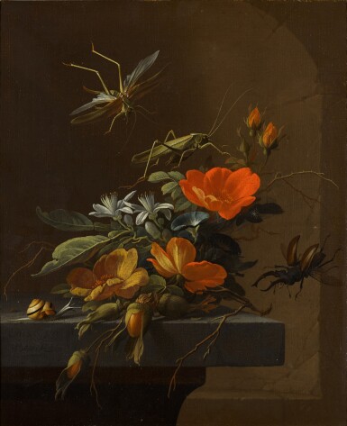View full screen - View 1 of Lot 115. Still life of Austrian briars and other flowers on a stone plinth, with a flying stag beetle and other insects.